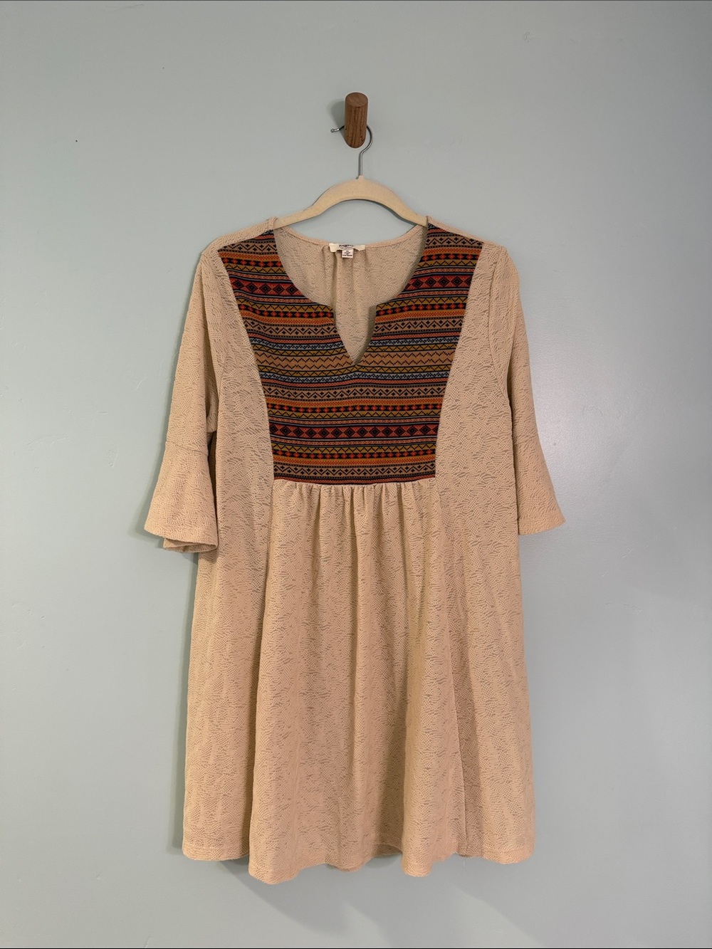 Beige Long-Sleeve Boho Dress with Embroidered Yoke